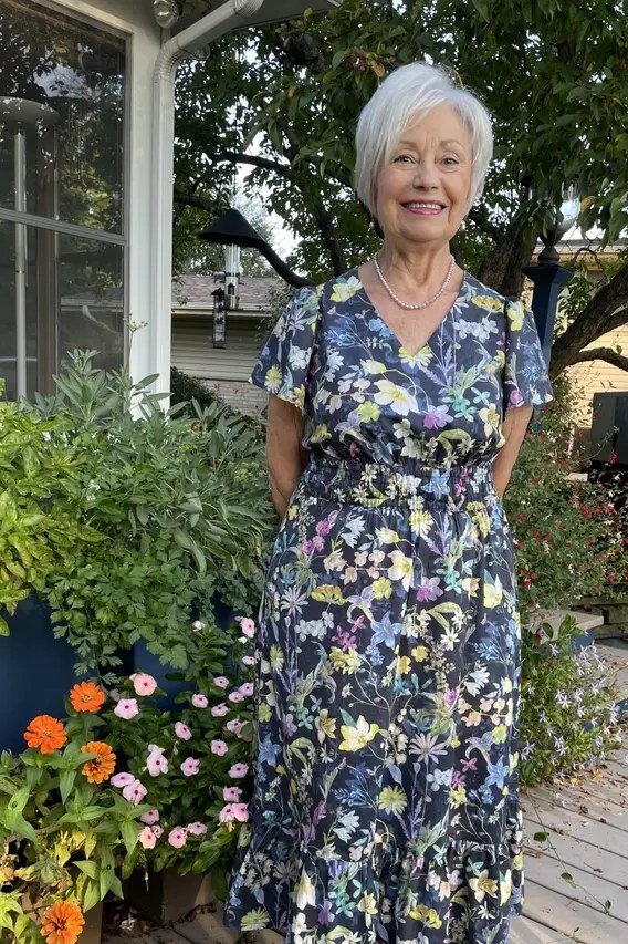 Flattering navy floral midi, porch for women over 60