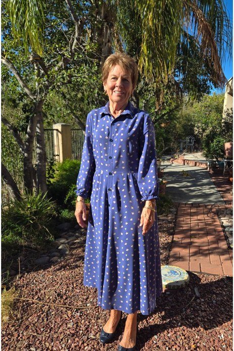 Flattering navy polka-dot midi, garden for women over 60