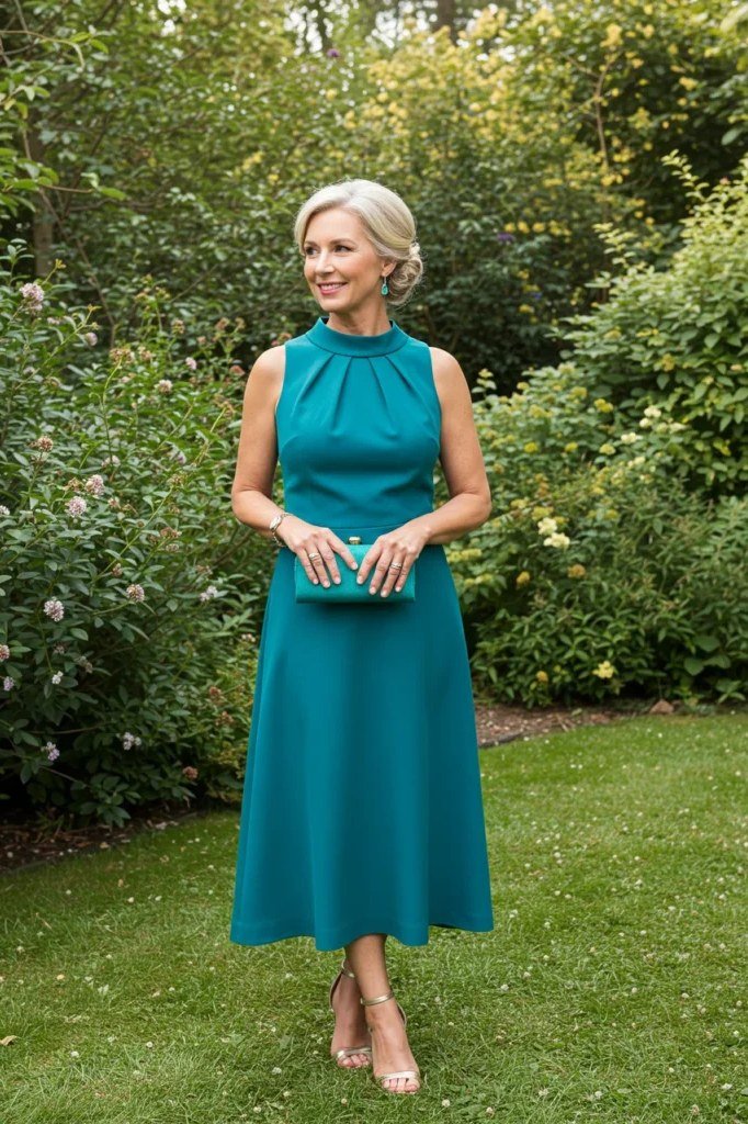 Flattering teal blue-green halter neck sleeveless midi, garden for women over 60