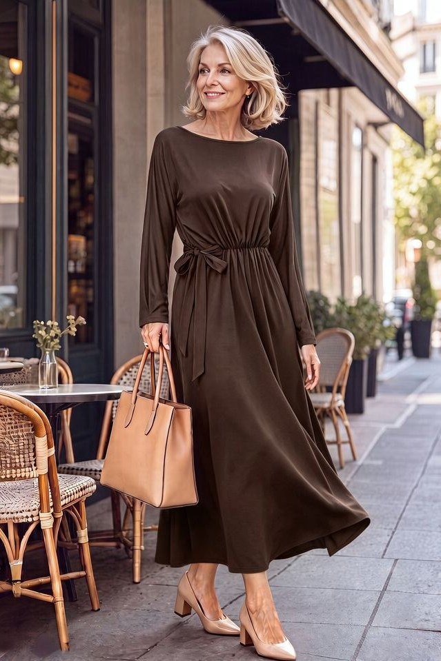 Flattering chocolate brown tie-waist midi, cafe for women over 60