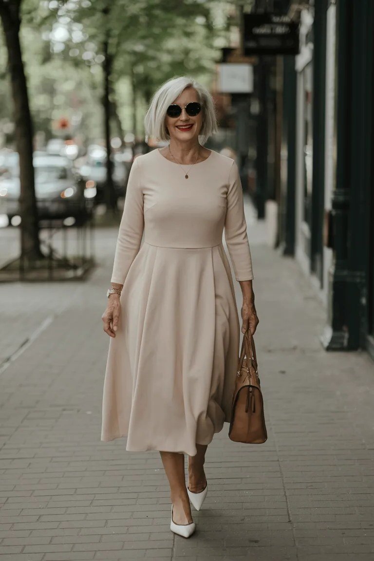 Flattering blush fit-and-flare midi, street for women over 60