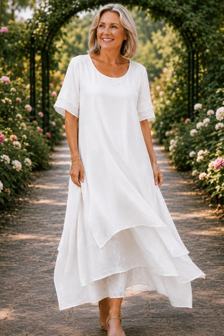Flattering white flowy maxi, rose garden for women over 60