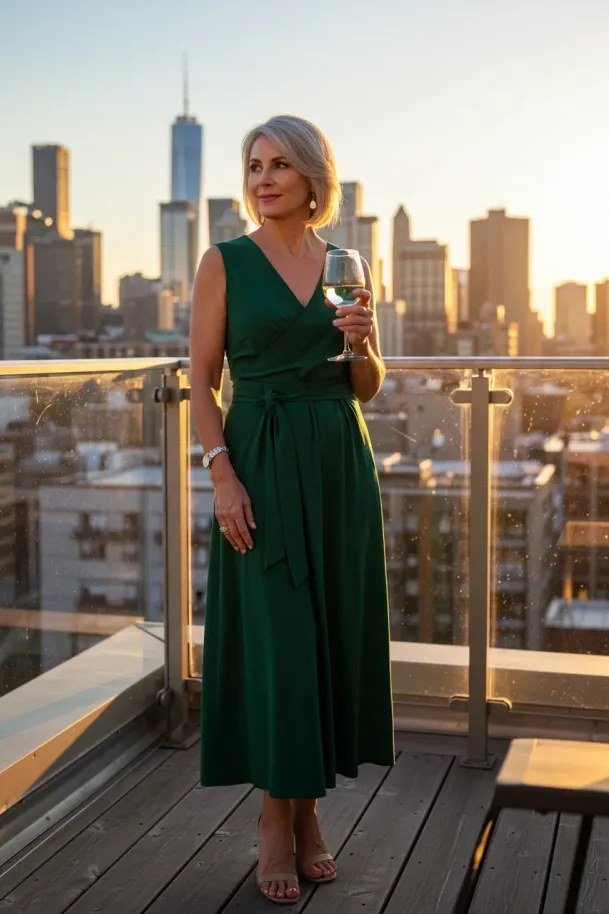 Flattering emerald green maxi, rooftop at sunset for women over 60