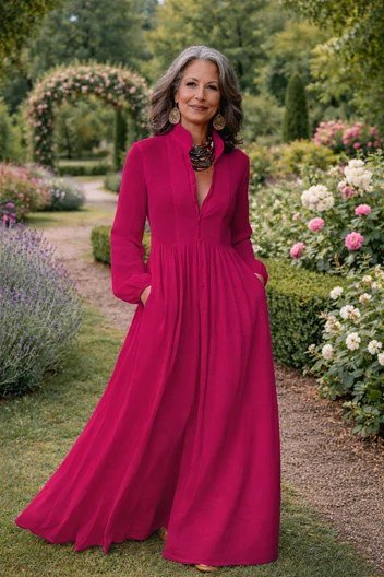 Flattering fuchsia shirt-collar maxi, garden for women over 60