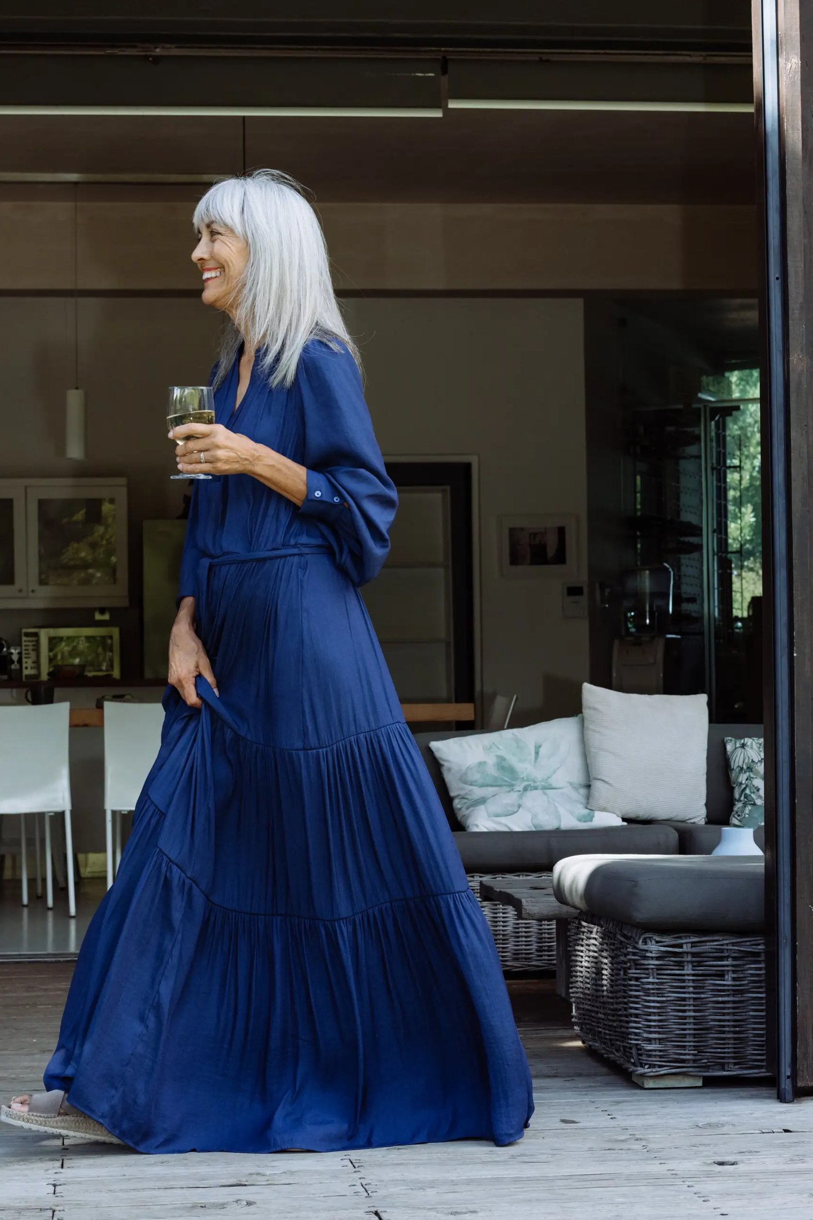 Flattering cobalt blue pleated maxi, patio for women over 60