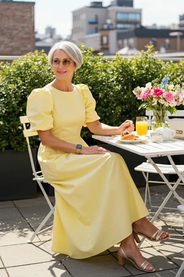 Flattering yellow puff-sleeve maxi, rooftop cafe for women over 60