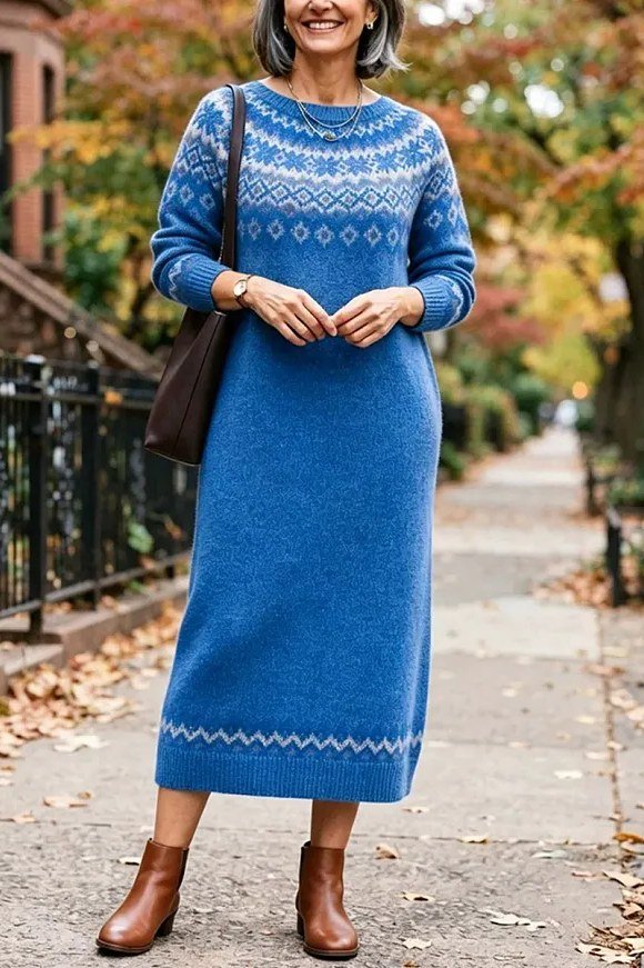Flattering cobalt blue fair-isle knit midi, brown ankle boots, city street for women over 60