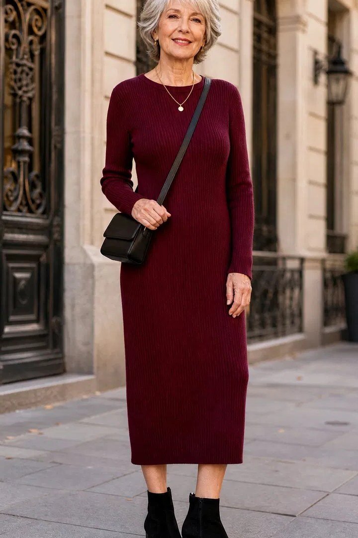 Flattering burgundy cable-knit midi, black ankle boots, black crossbody, city street for women over 60
