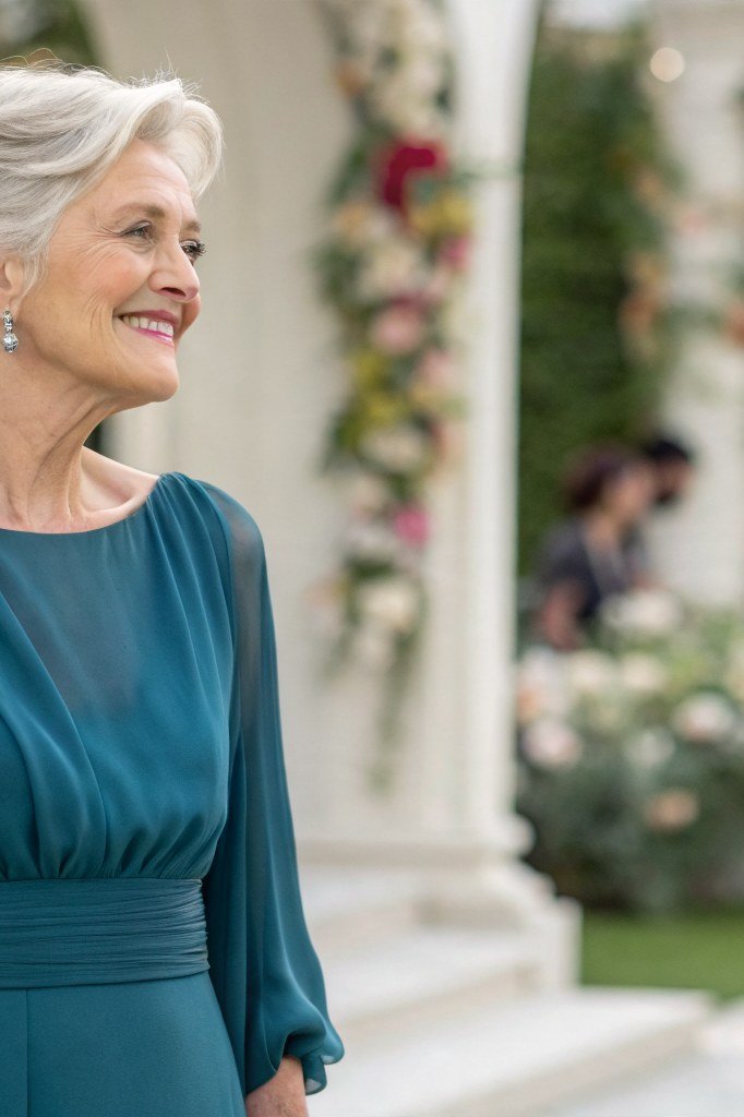 Flattering teal blue-green chiffon dress with long sleeves, wedding arch for women over 60