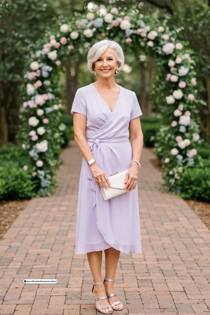 Flattering lavender wrap midi, floral arch for women over 60