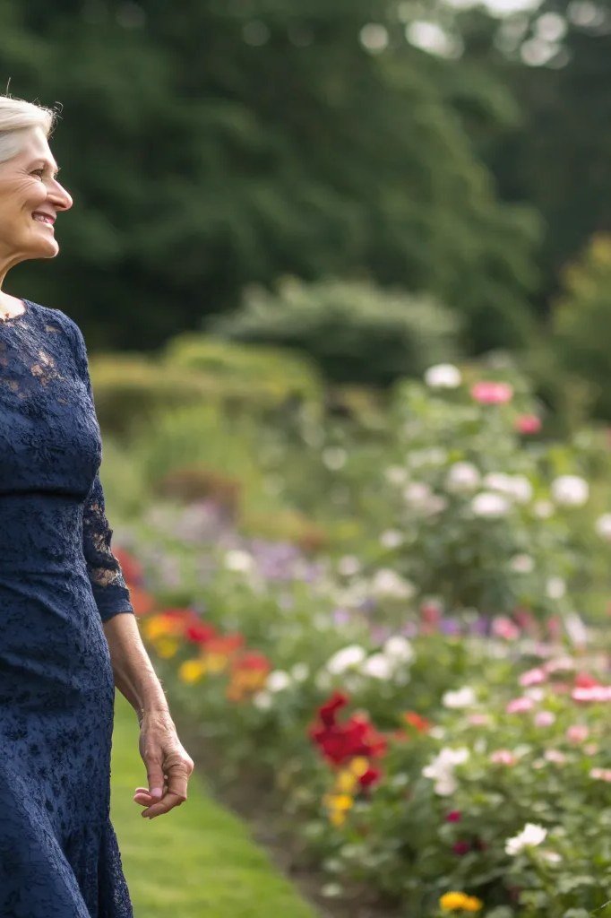 Flattering navy lace dress, garden for women over 60