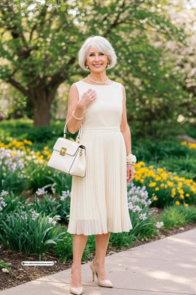 Flattering cream pleated sleeveless midi, garden for women over 60