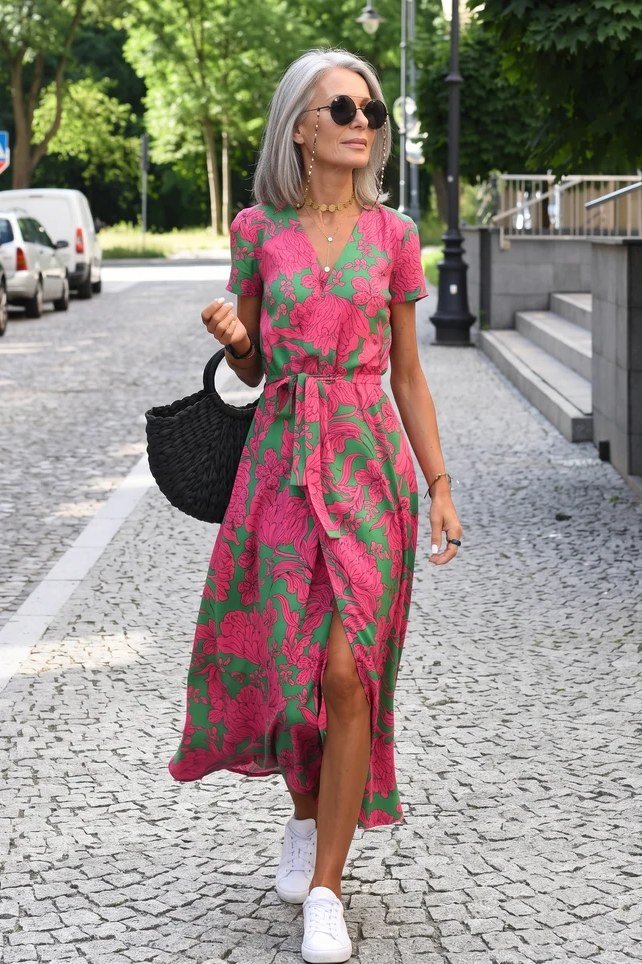 Flattering pink and green floral wrap dress, street for women over 60