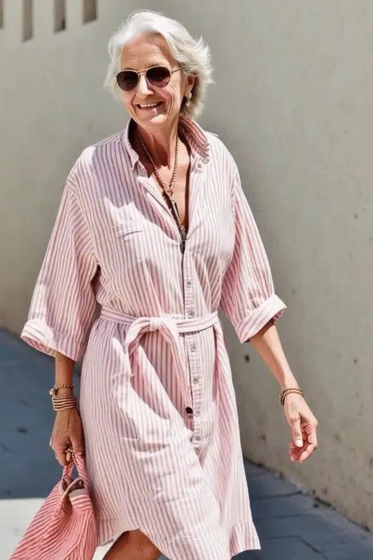 Flattering pink striped shirt dress, wall for women over 60