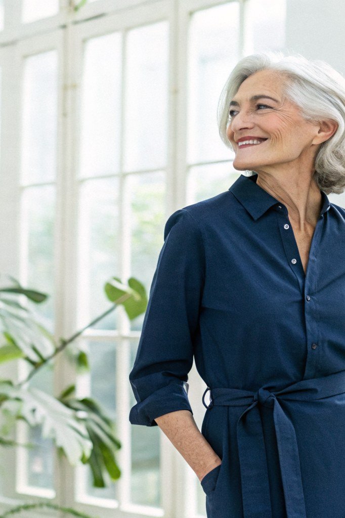 Flattering navy shirt dress, bright interior for women over 60