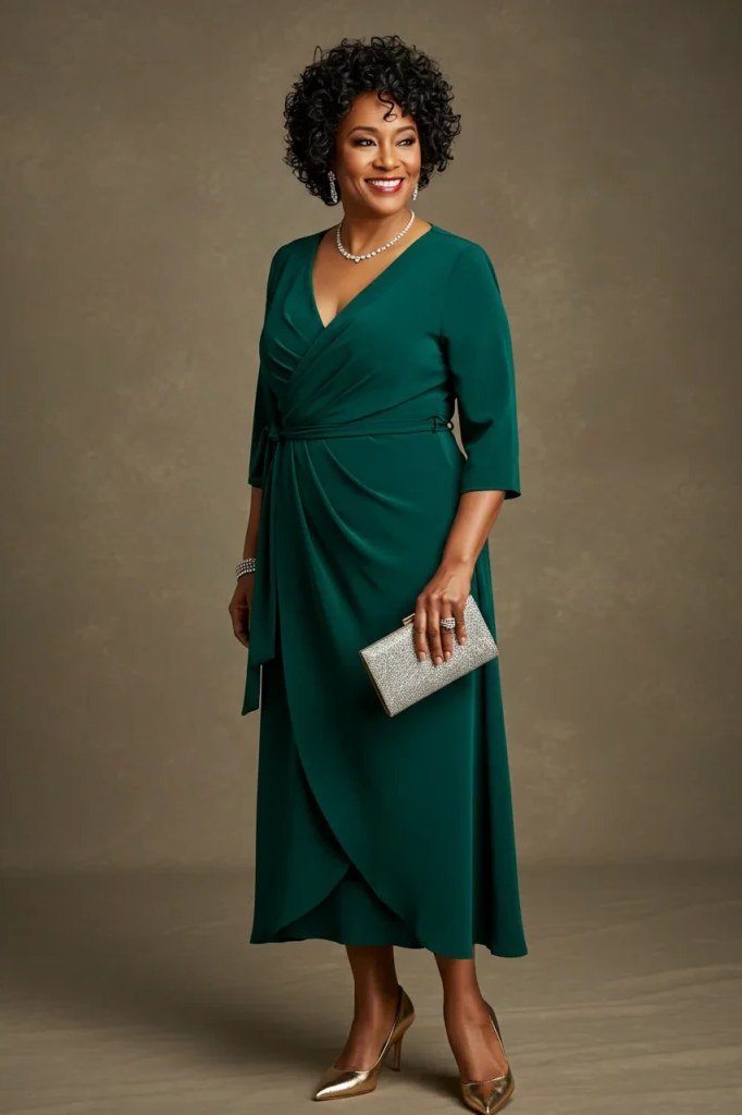 Flattering emerald green wrap dress, studio for women over 60