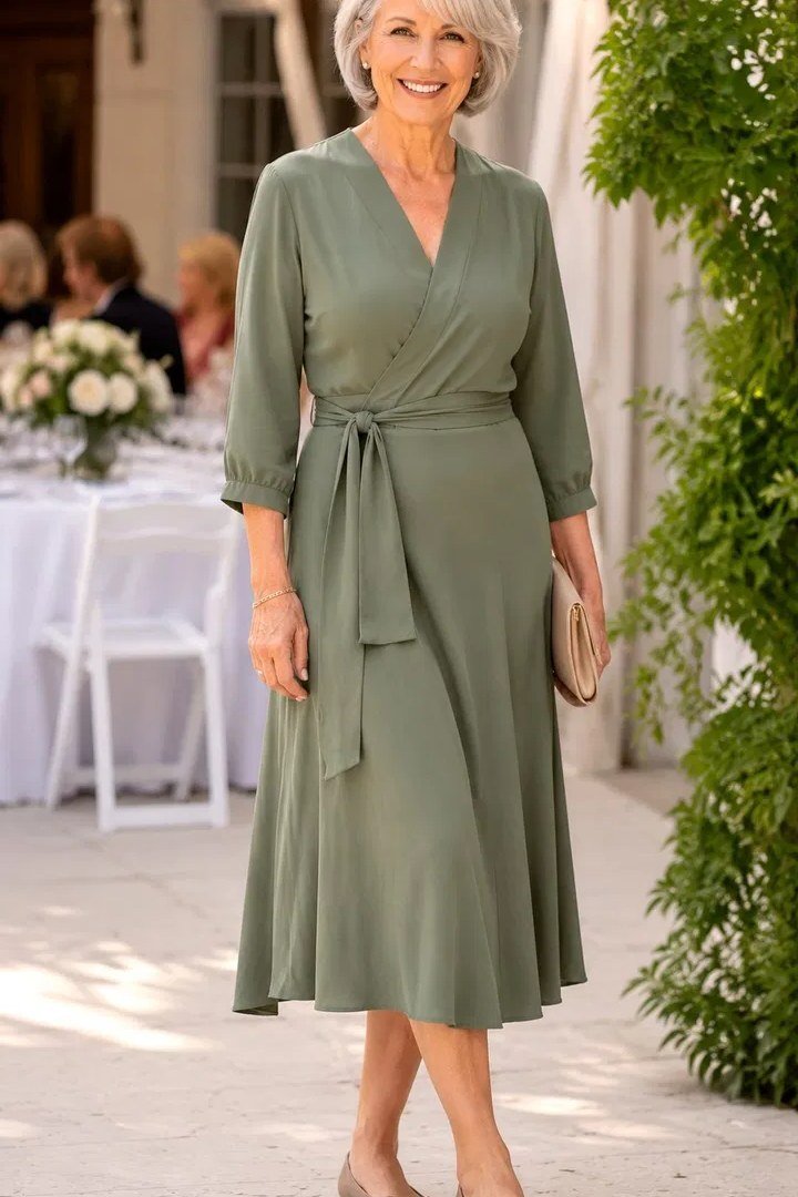 Flattering olive wrap dress with tie waist, patio for women over 60