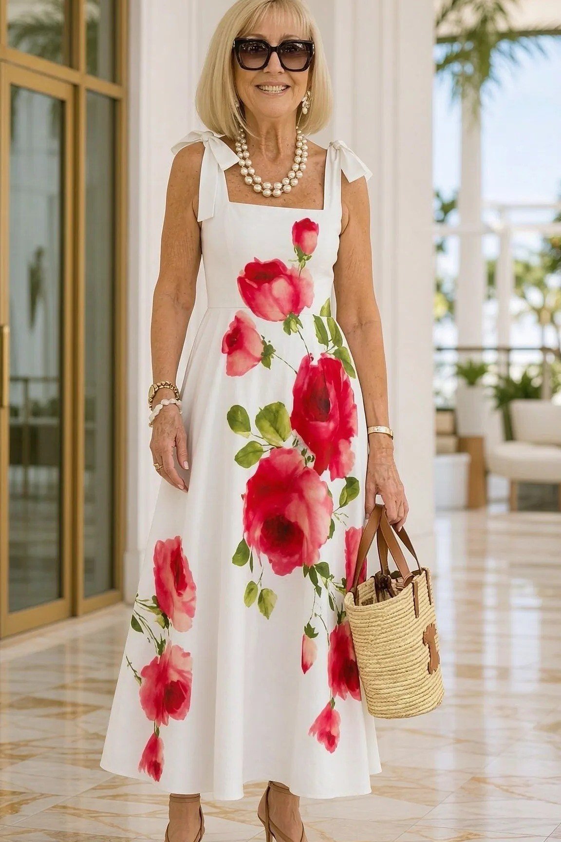 White maxi dress with giant red roses, sunglasses and straw bag