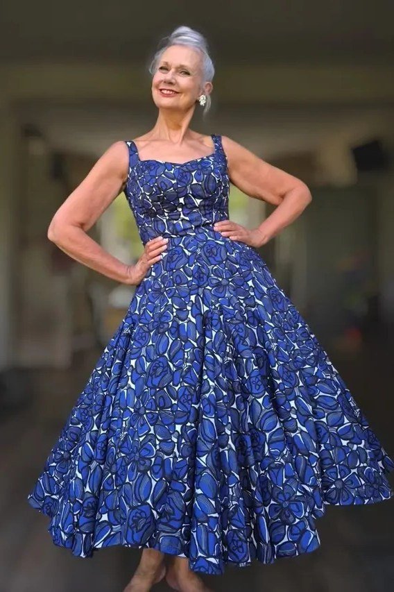 Royal blue sleeveless fit-and-flare dress with white floral