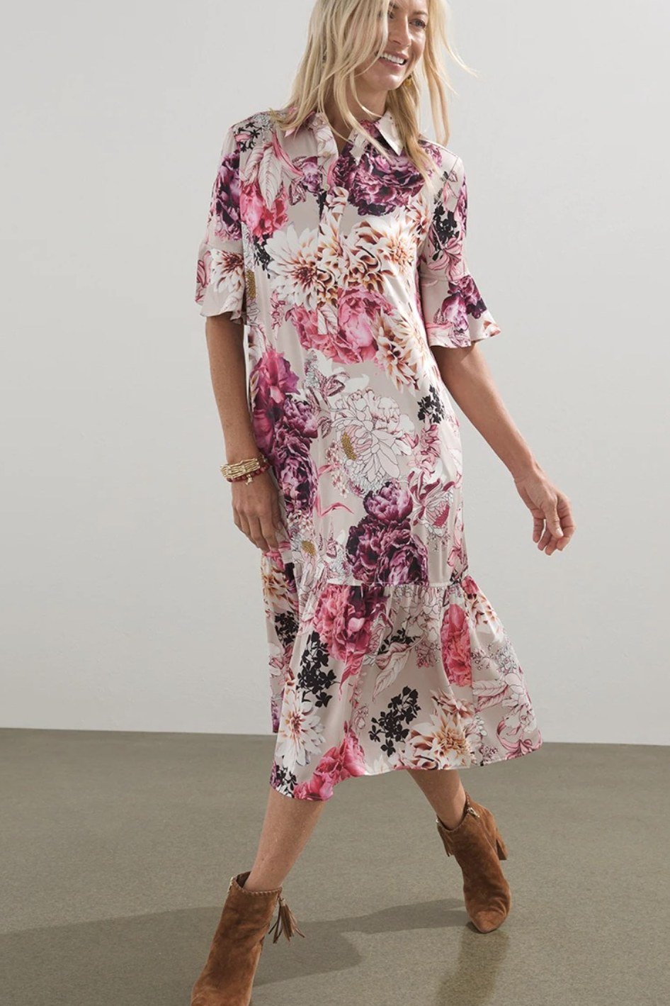 White midi dress with pink watercolor floral and brown boots