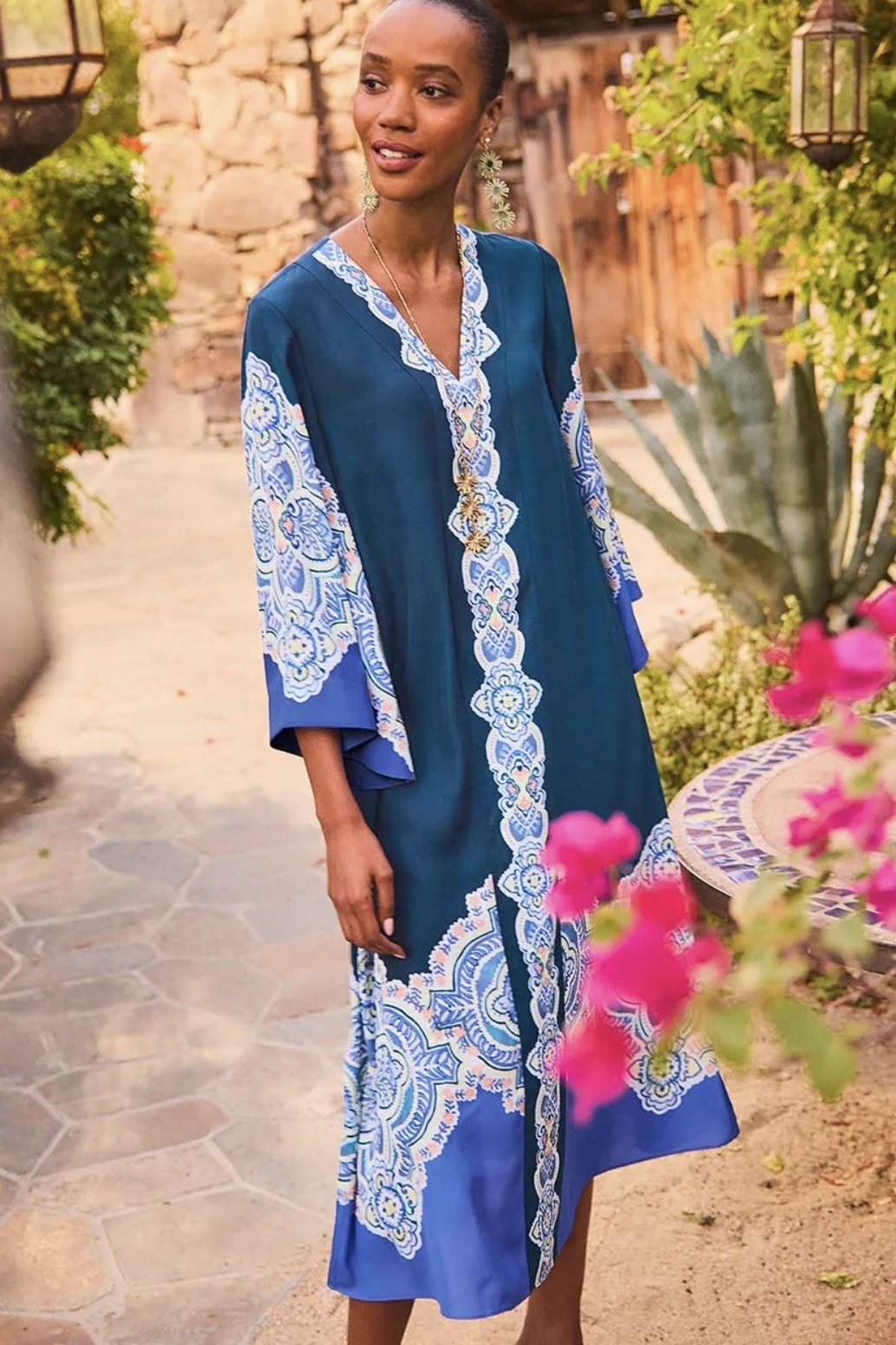 Teal tunic dress with white embroidered floral panel