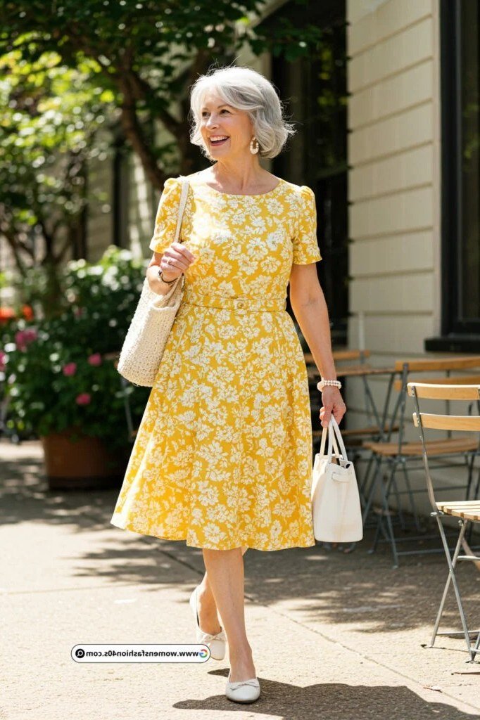 Yellow fit-and-flare dress with white floral, cafe terrace