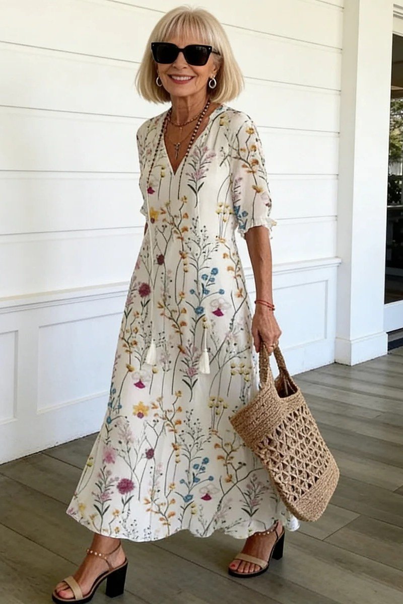 Cream maxi dress with delicate floral and straw tote