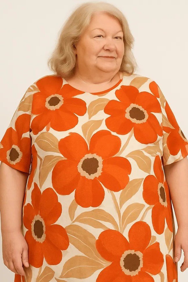 Orange dress with big red poppies, bold studio portrait