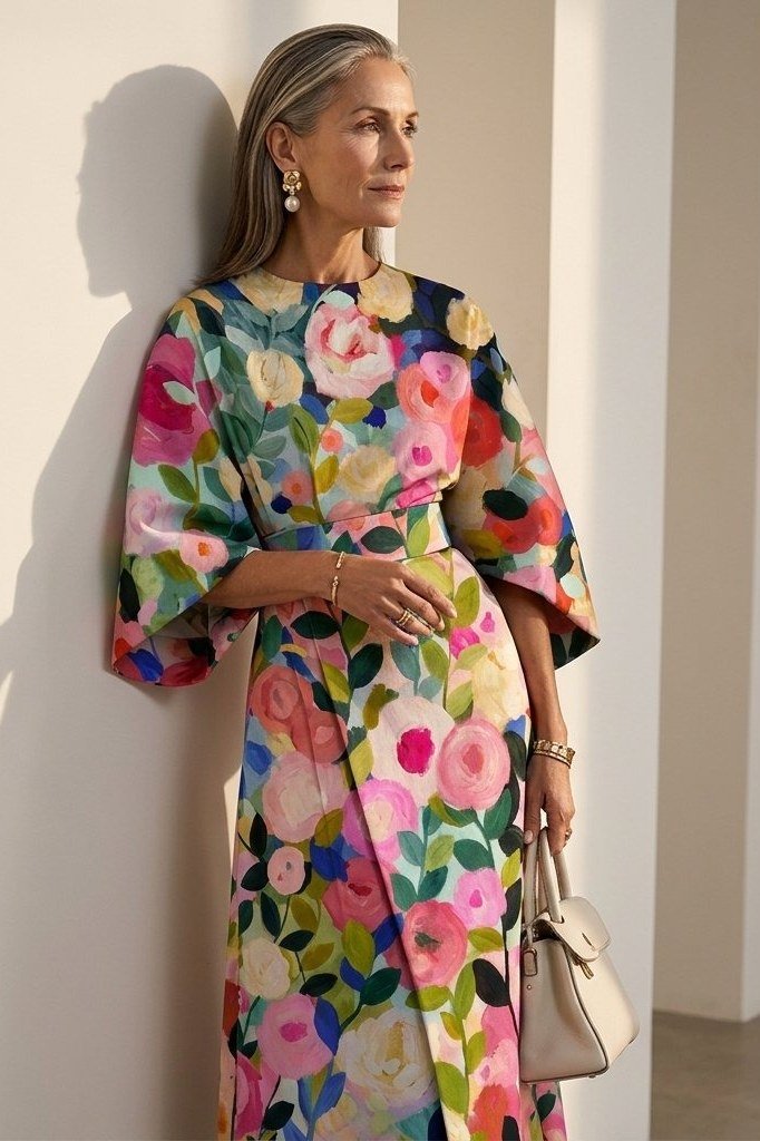 Multicolor floral maxi dress on smiling gray-haired woman