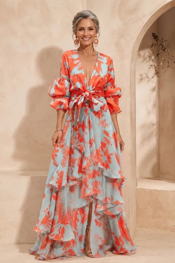 Coral tiered maxi dress with orange floral, studio arch