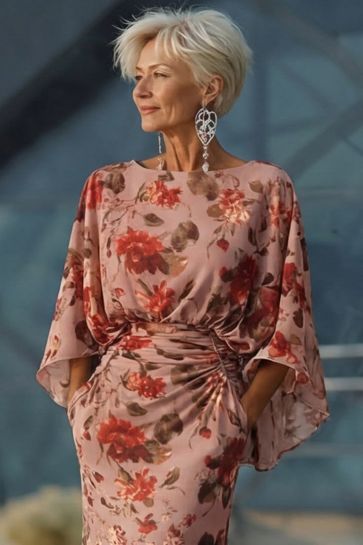 Rust floral kaftan with wide sleeves, silver-haired woman