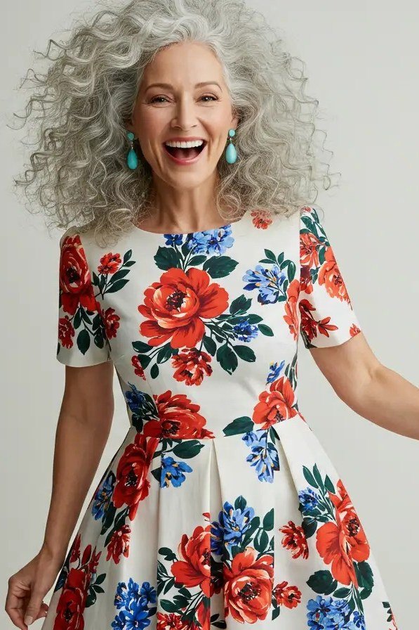 White dress with red and blue floral, curly gray hair