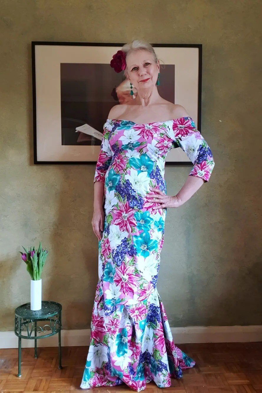 Purple and blue floral off-shoulder maxi dress, summer