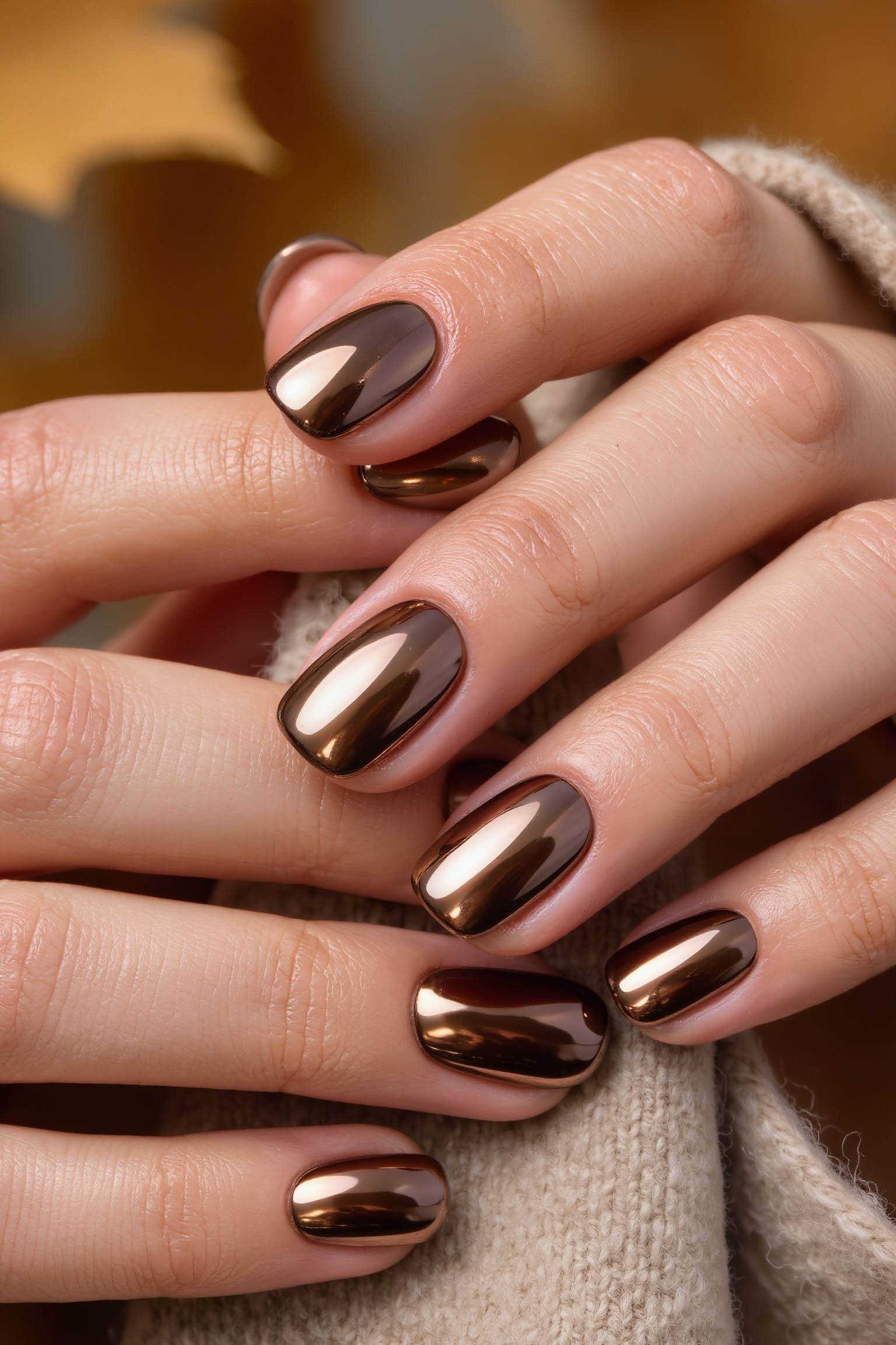 Dark bronze chrome almond nails, two hands in beige knit sweater