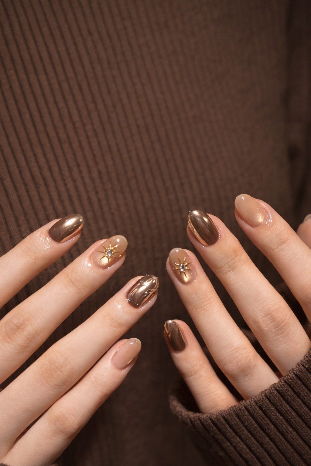 Short bronze chrome nails with gold glitter accent nail, brown sweater