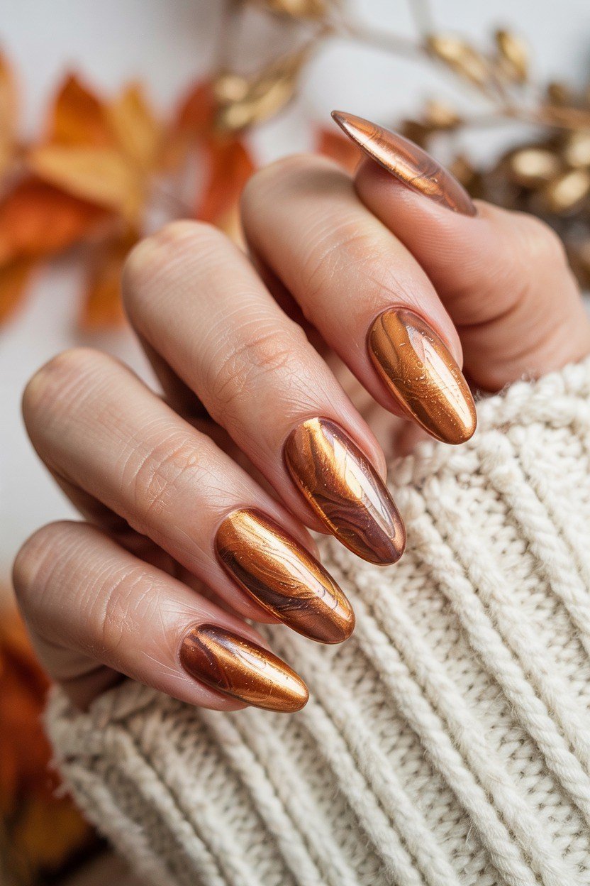 Copper gold chrome almond nails, white sweater, fall leaf background