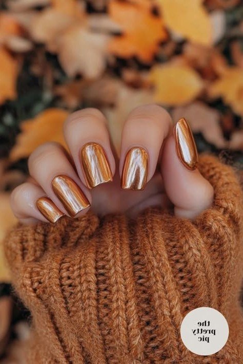 Rust knit copper chrome short nails, cozy rust sweater