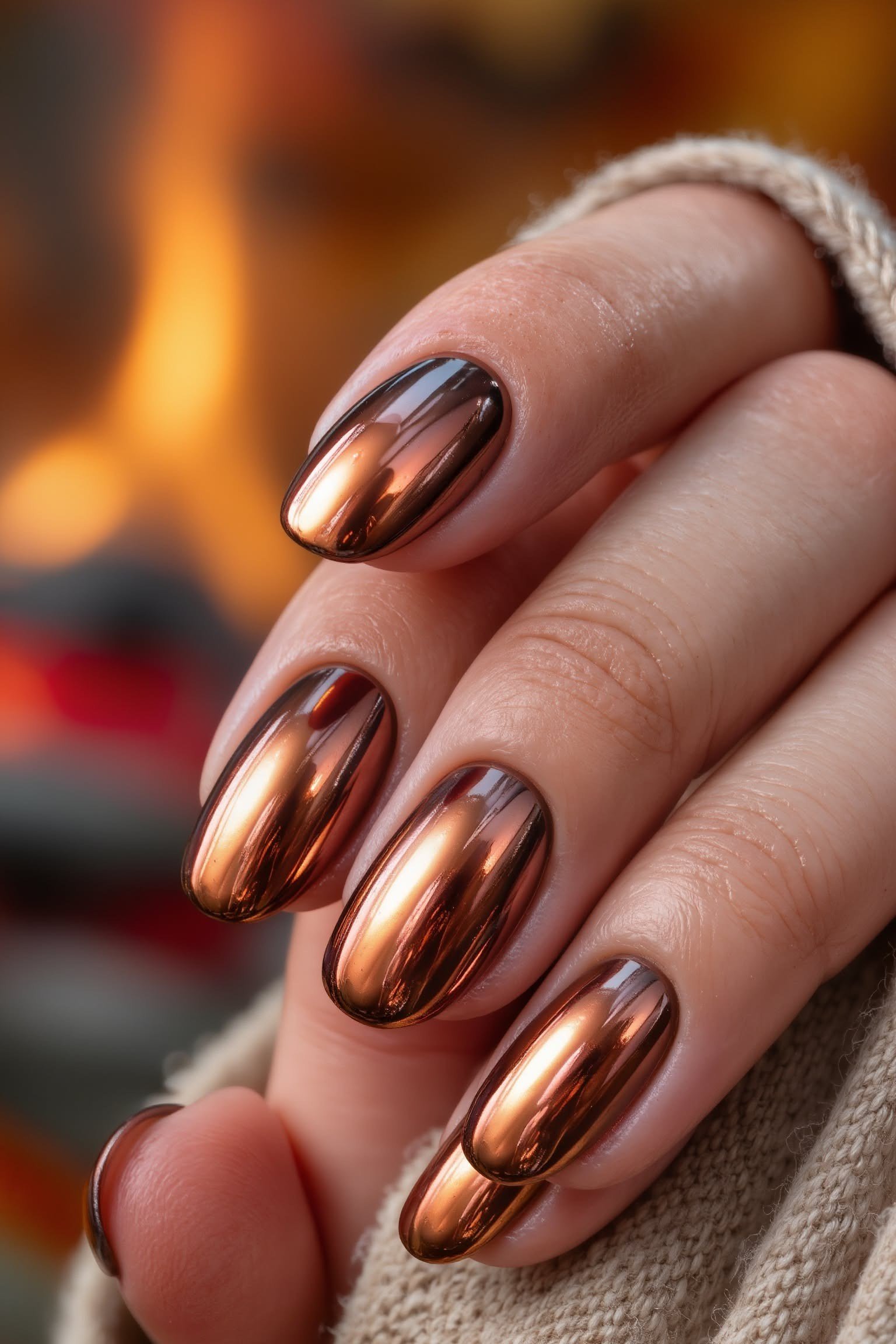 Fireside copper chrome almond nails glowing by fireplace