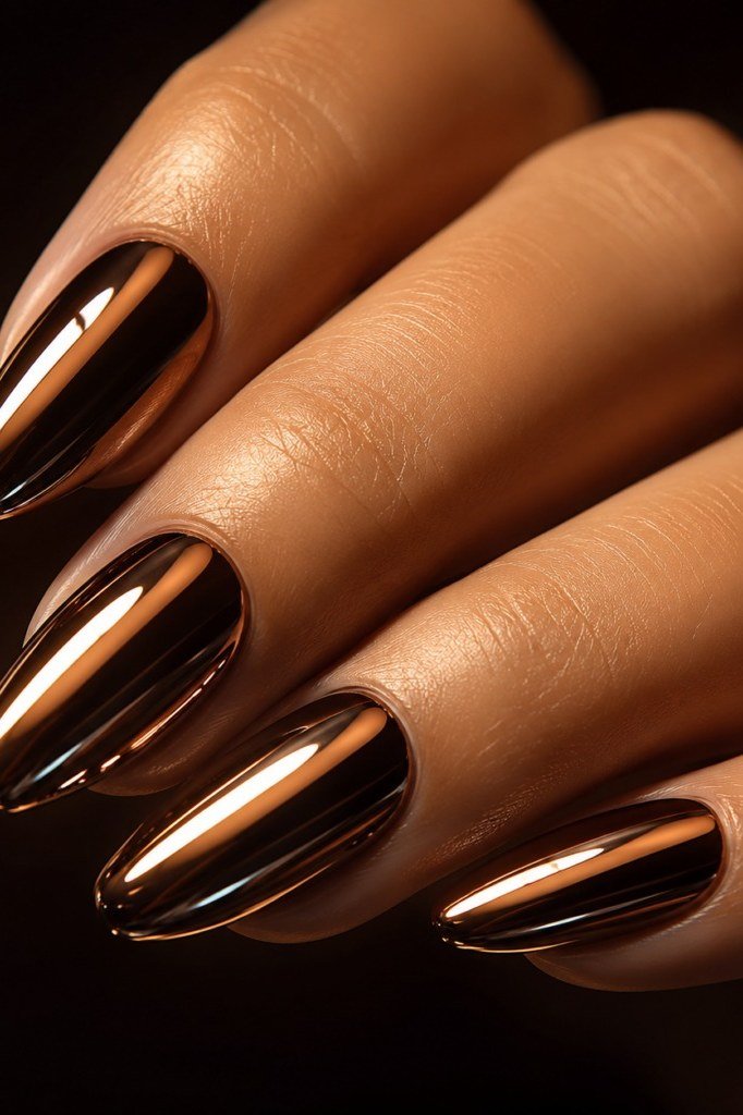 After-dark copper chrome almond nails close-up on dark background
