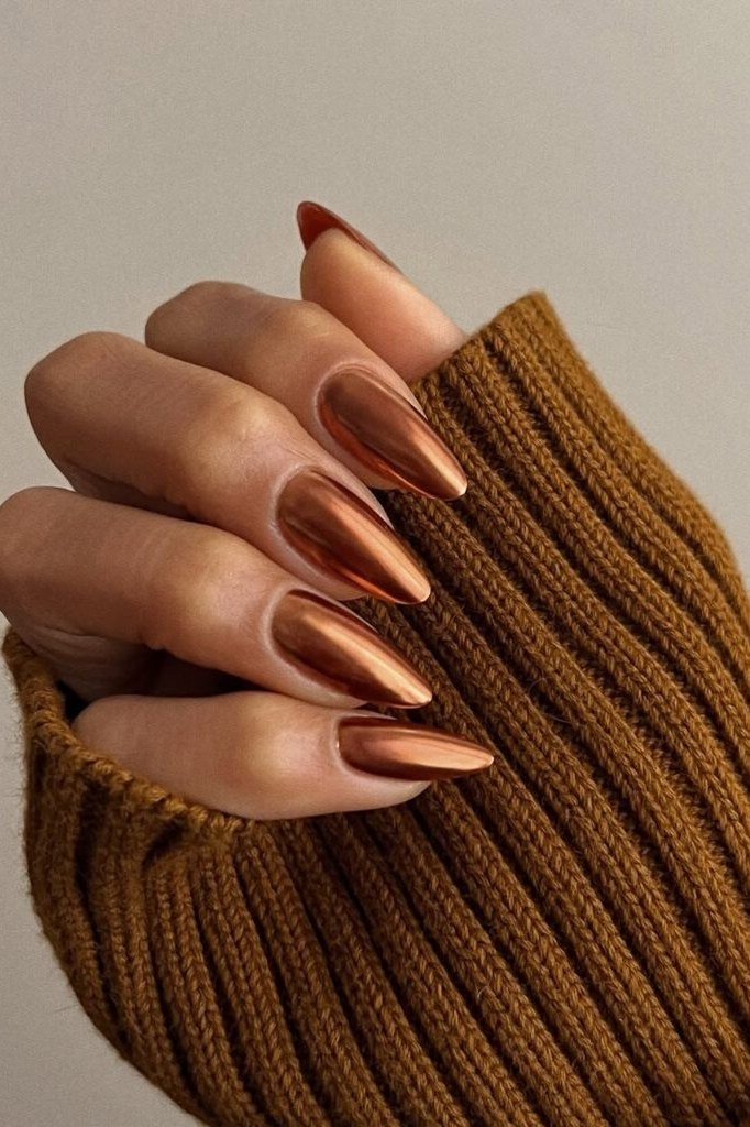 Mustard sweater copper chrome almond nails