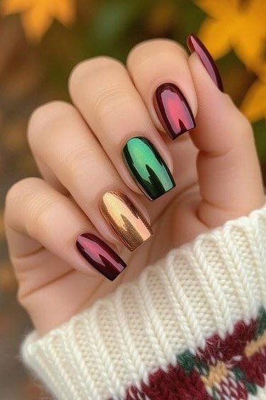 Jewel-tone chrome mix nails, green gold and red almond manicure
