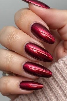 Cherry chrome classic almond nails, deep red mirror manicure