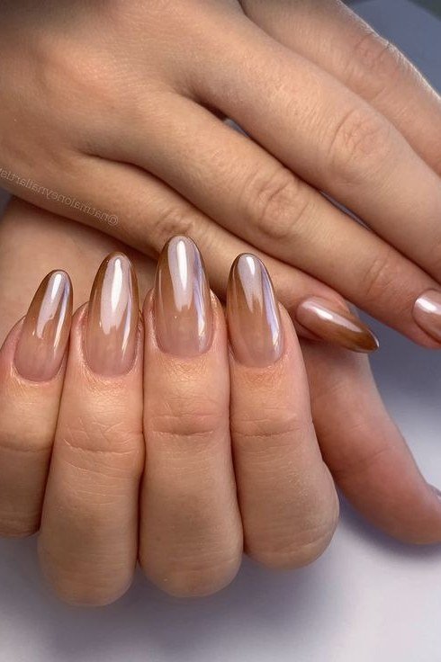 Nude chrome elegance almond nails, soft neutral manicure