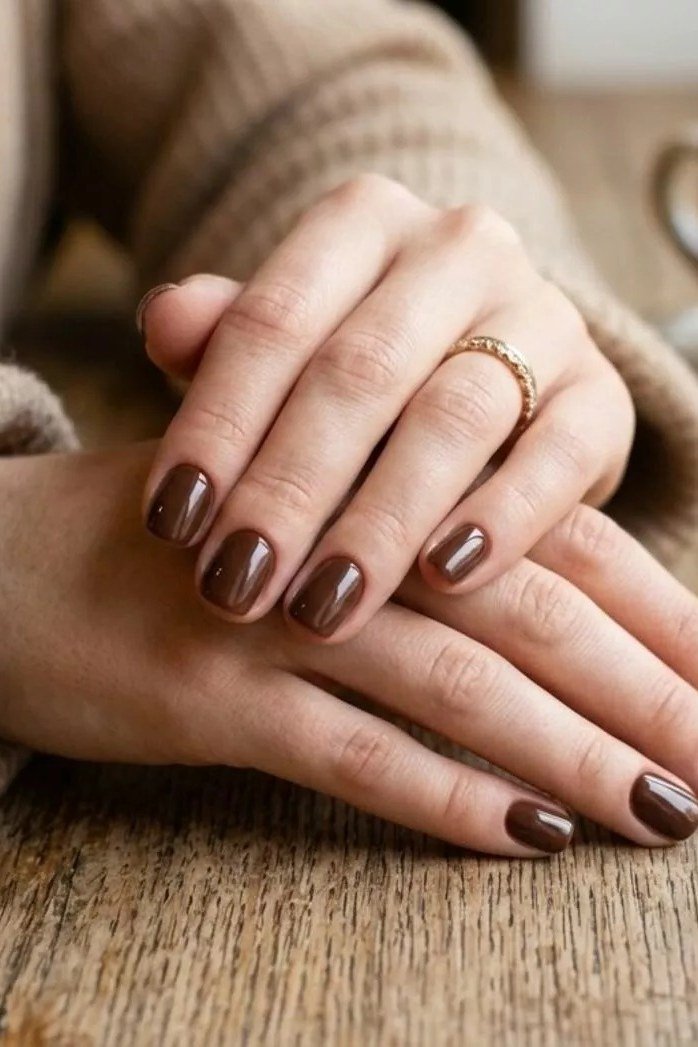 Cocoa taupe chrome almond nails, brown sleeve