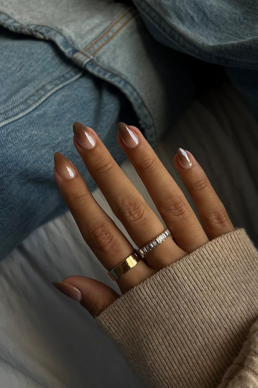 Caramel kiss chrome almond nails on dark skin