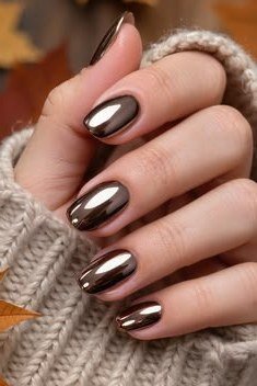 Smoky silver chrome almond nails, cream sweater, fall leaves