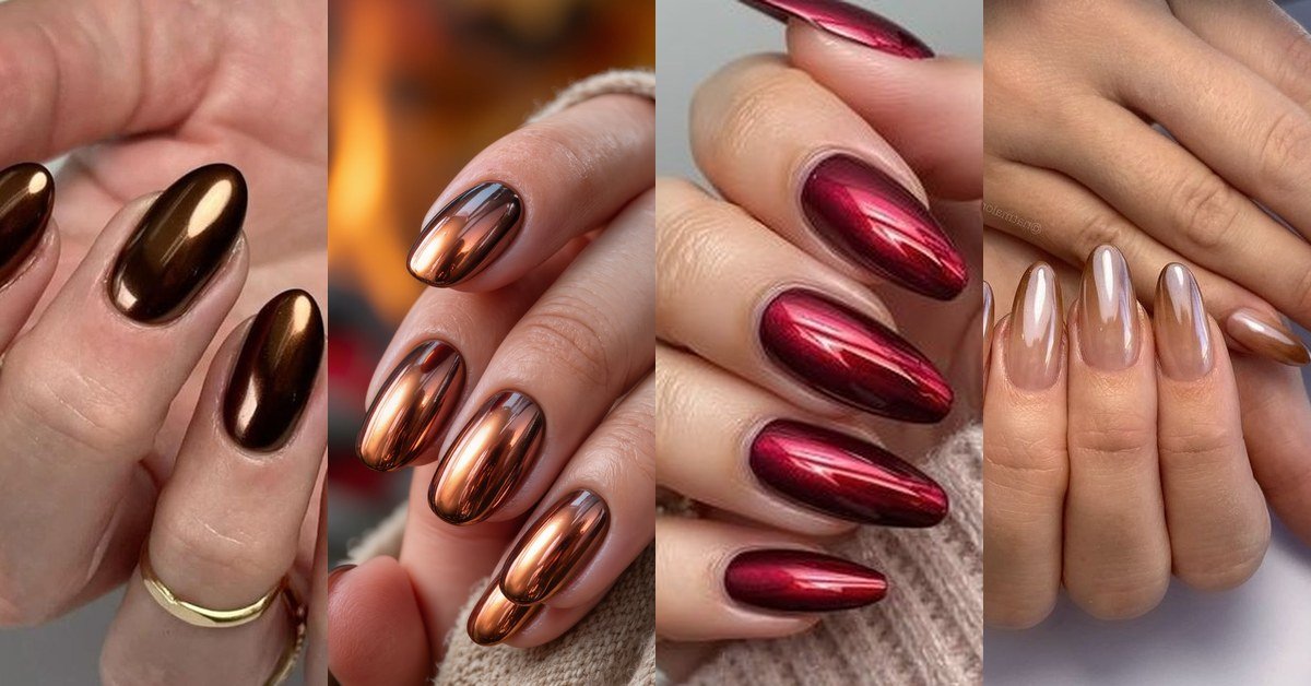 Espresso chrome fall nails collage for women over 50, chocolate copper cherry and nude chrome manicure