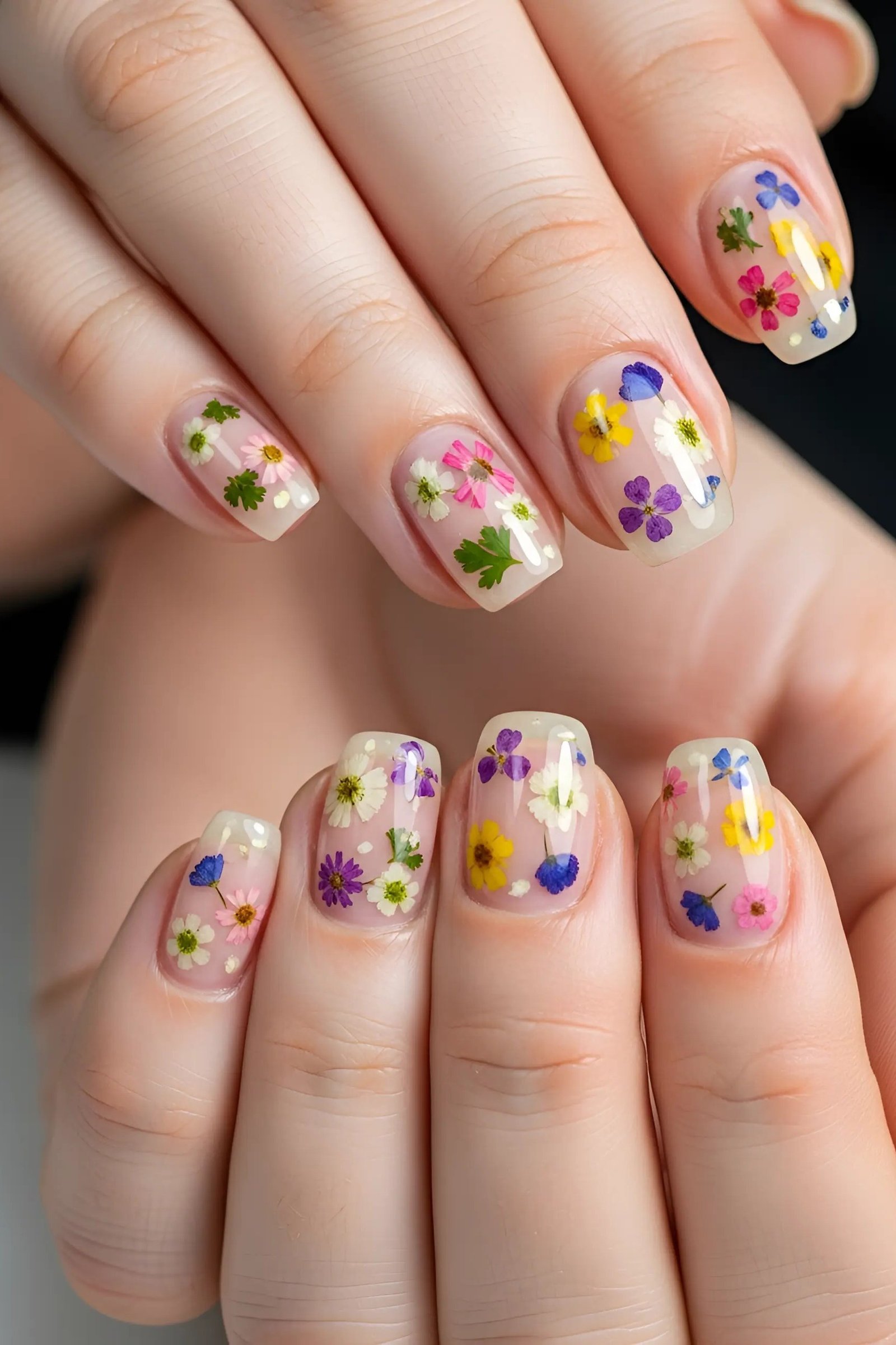 Colorful mini floral nail art on short nude nails for women over 50
