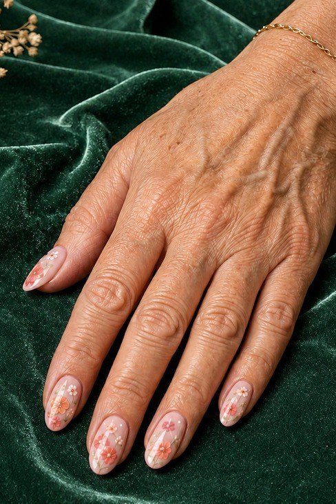 Nude floral nail art with tiny blush sprigs for women over 50