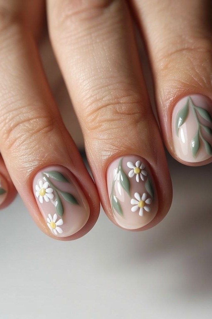 White daisy nail art with green leaves for women over 50